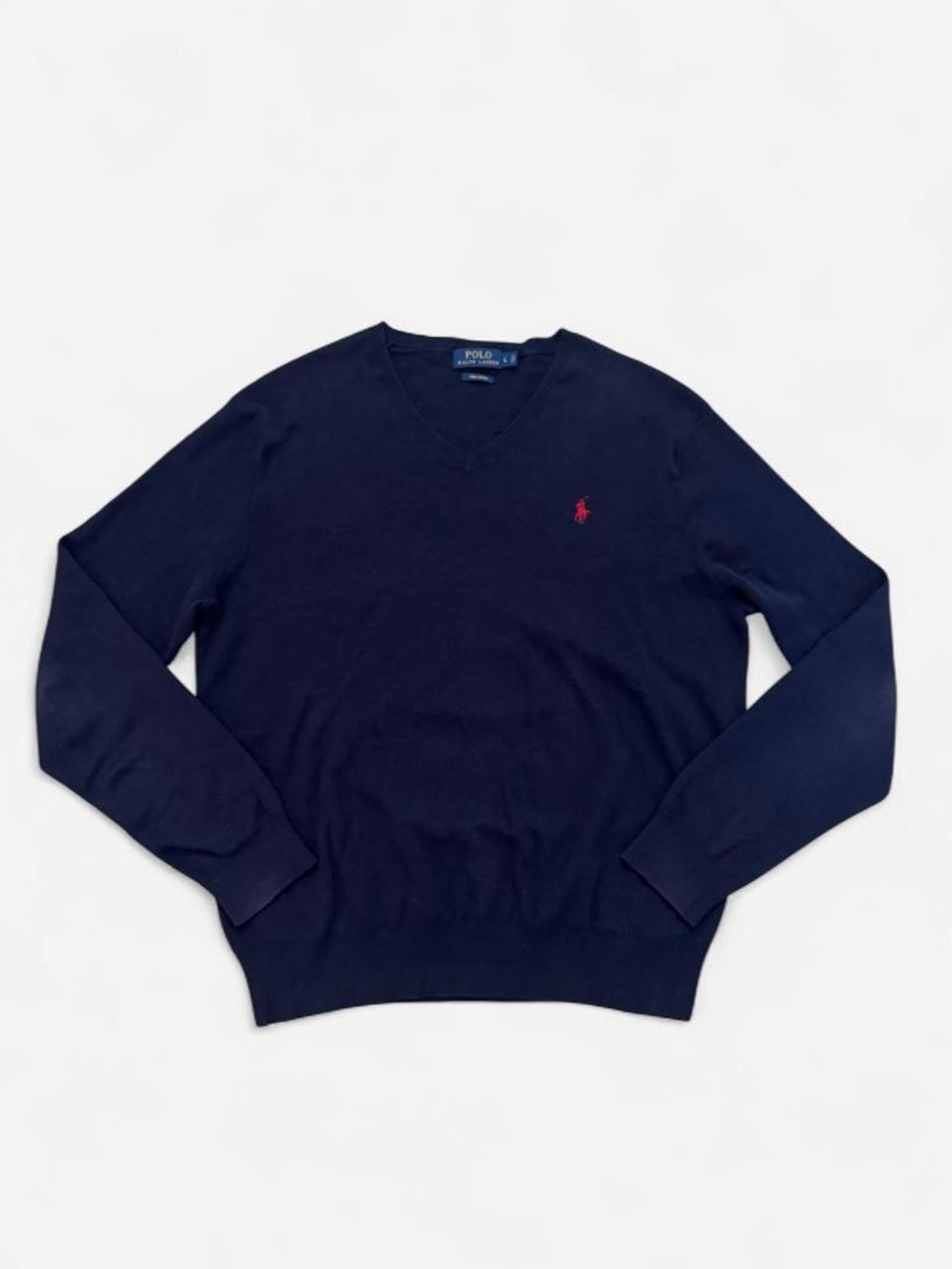 Polo Ralph Lauren Navy Blue V-Neck Knit Sweater L 100% Pima Cotton